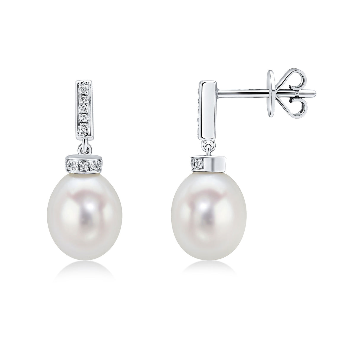18CT WG FRESHWATER CULTURED PEARL AND DIAMOND LINE TOP DROP EARRINGS