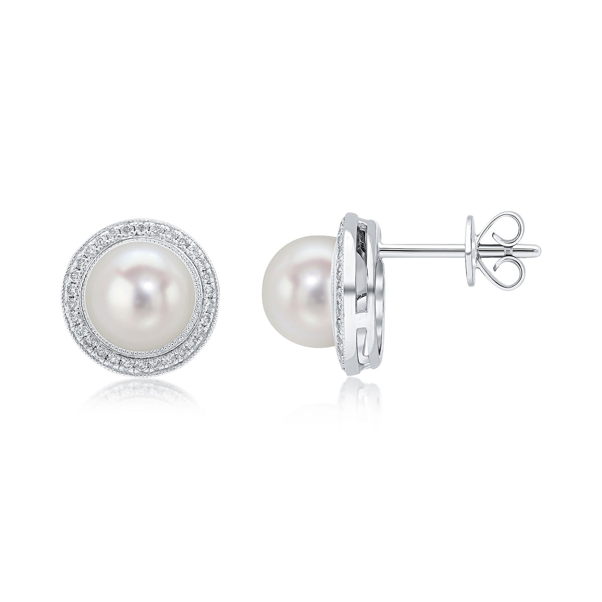 18CT WG 7MM ROUND PEARL & MILLEGRAIN SET DIAMOND CLUSTER EARRINGS