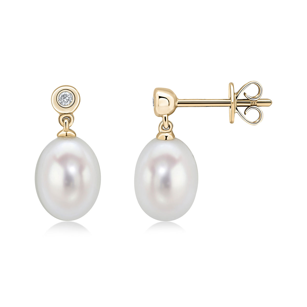 18CT YG FRESHWATER CULTURED PEARL AND DIAMOND RUBOVER 2ST DROP EARRINGS