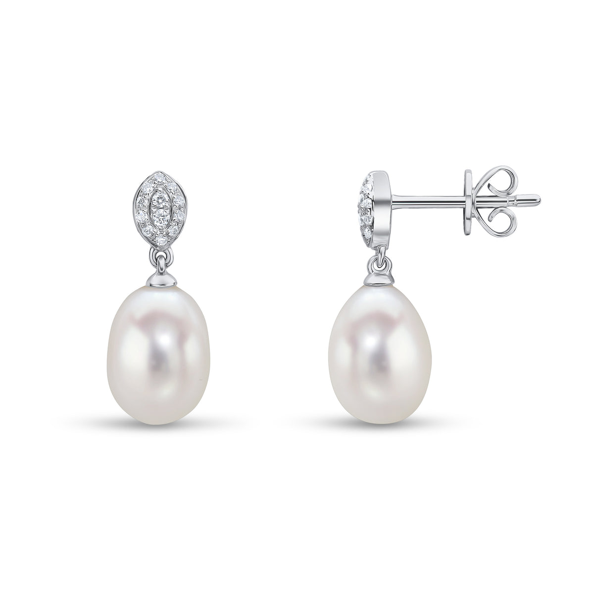 18CT WG FRESHWATER CULTURED PEARL AND DIAMOND MARQUISE-SHAPED TOP DROP EARRINGS