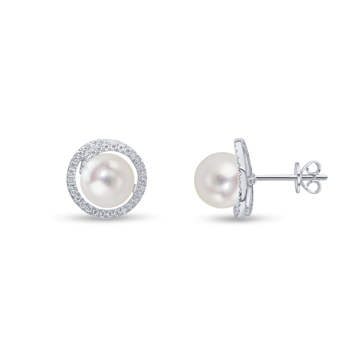 18CT WG CFW PEARL AND ROUND DIAMOND ROUND SWIRL CLUSTER EARRINGS