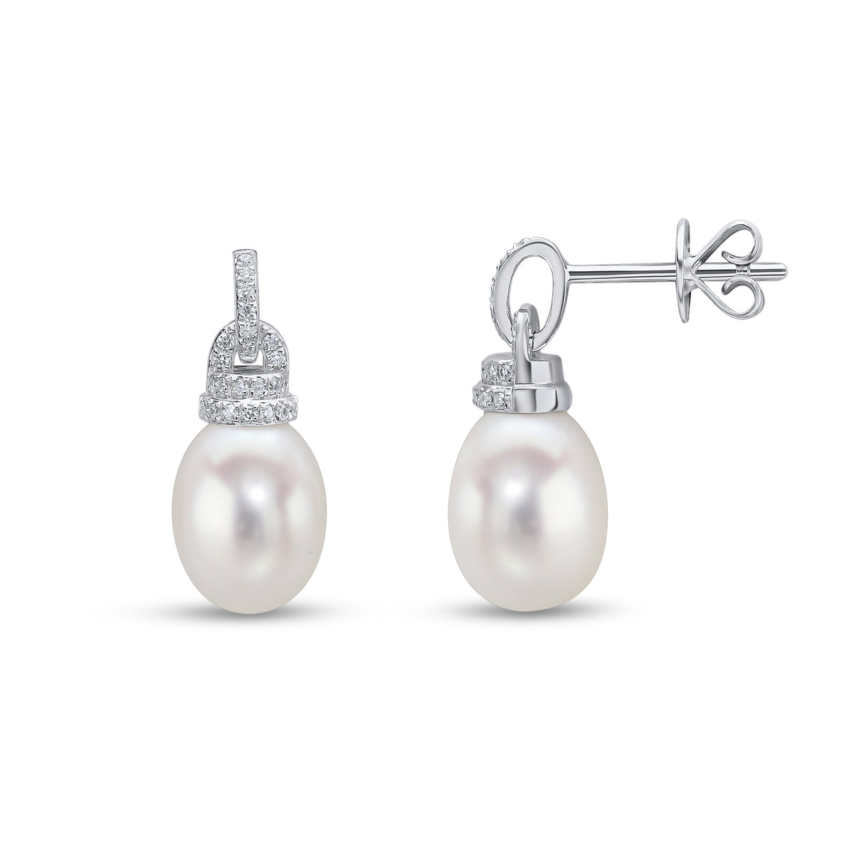 18CT WG CFW PEARL,DIAMOND LINE AND CAP DROP EARRINGS