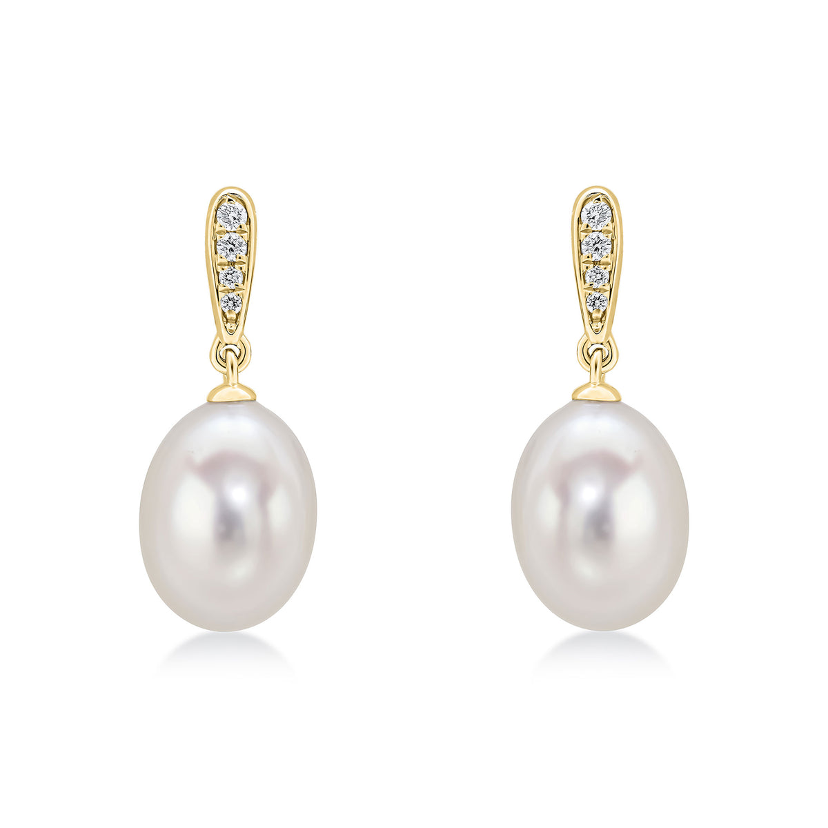 18CT YELLOW GOLD FRESHWATER CULTURED PEARL AND DIAMOND LINE TOP DROP EARRINGS
