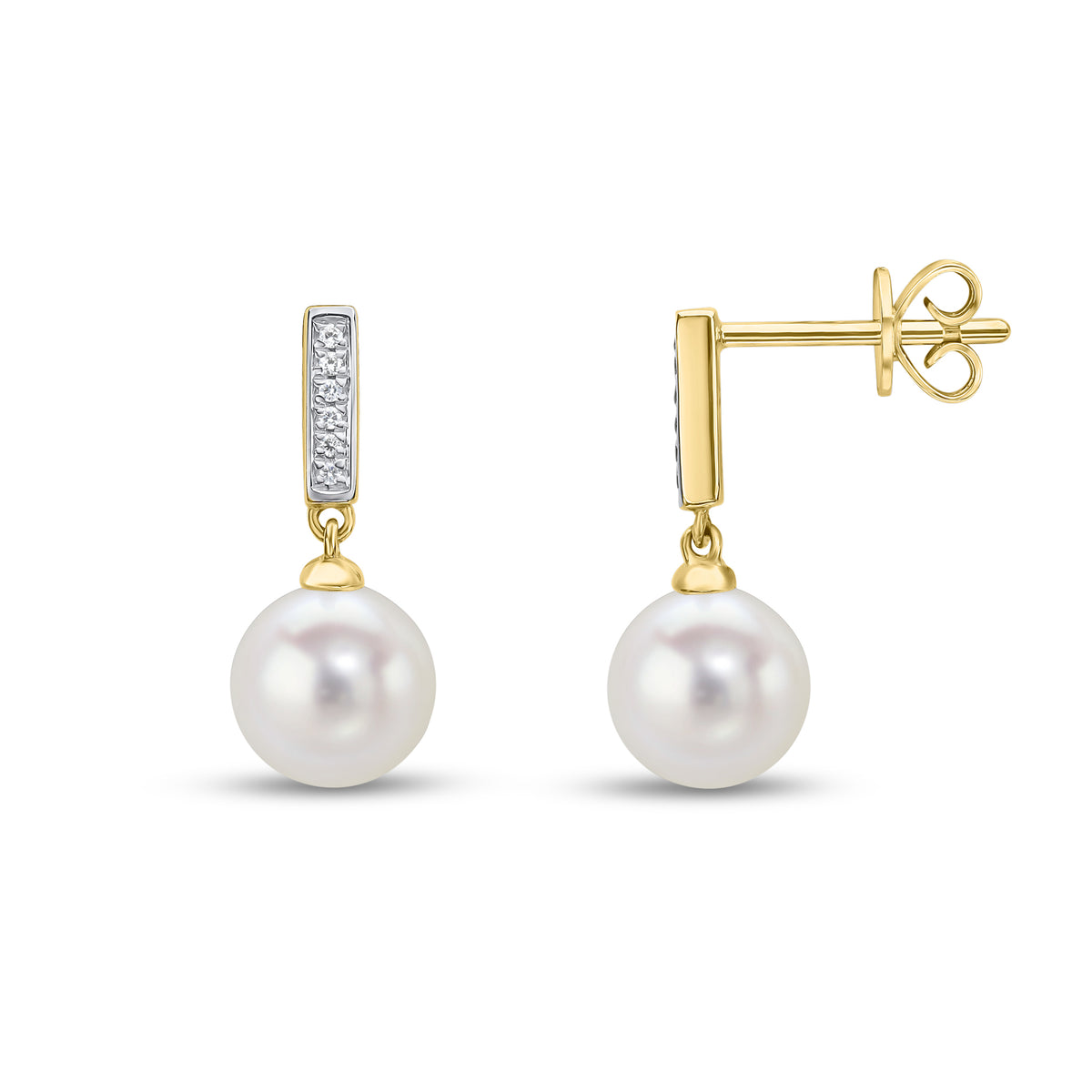 18CT YG ROUND FRESHWATER CULTURED PEARL AND DIAMOND LINE TOP DROP EARRINGS. RHODIUM TO DIAMONDS