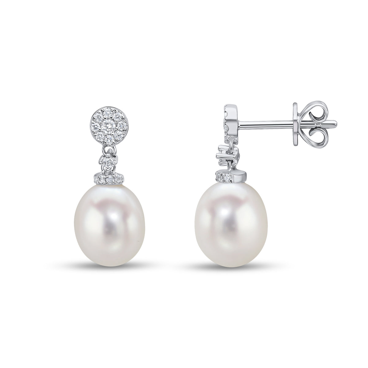 18CT WG CFW PEARL AND DIAMOND CLUSTER TOP DROP EARRINGS