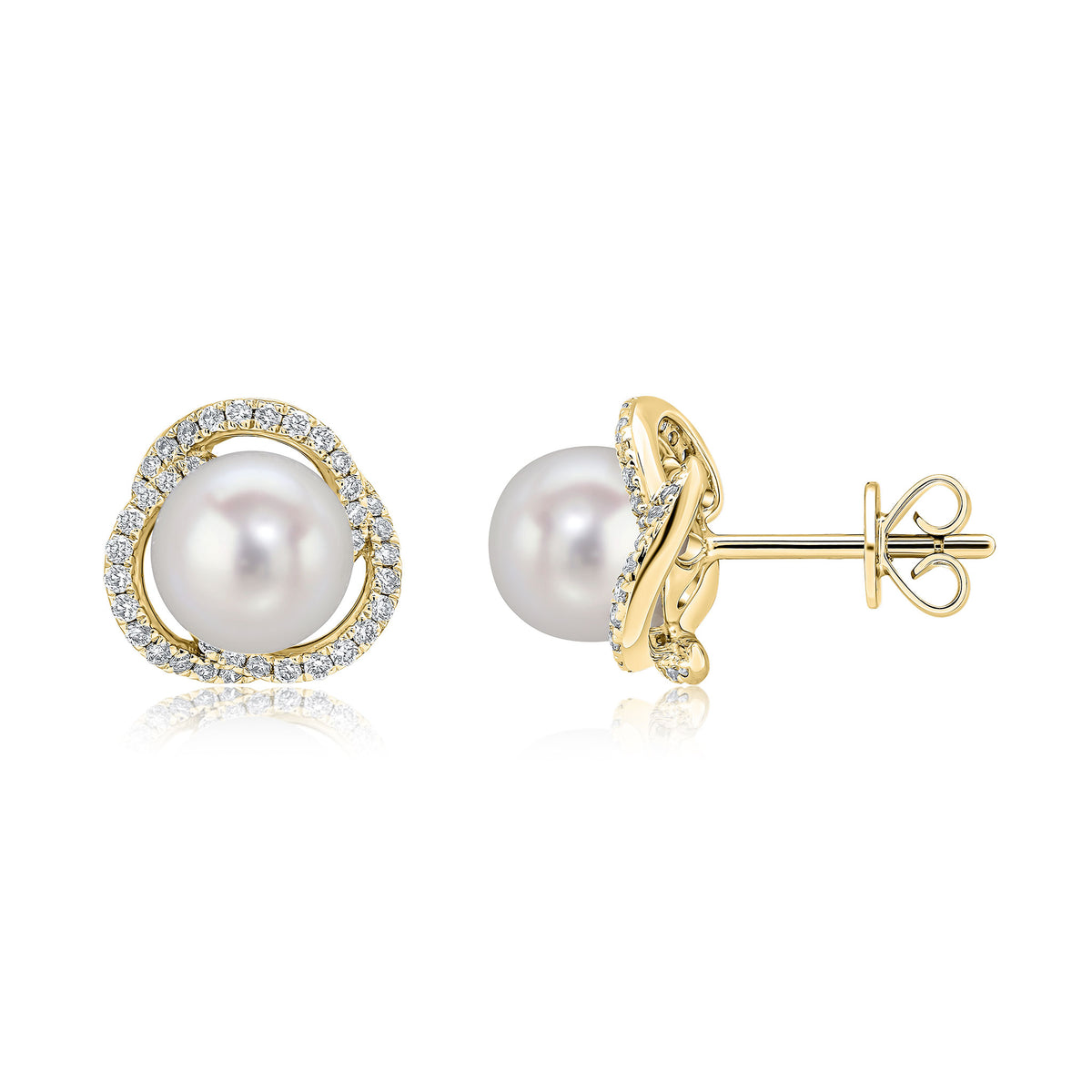 18CT YELLOW GOLD FRESHWATER CULTURED PEARL AND DIAMOND SWIRL ROUND CLUSTER EARRINGS