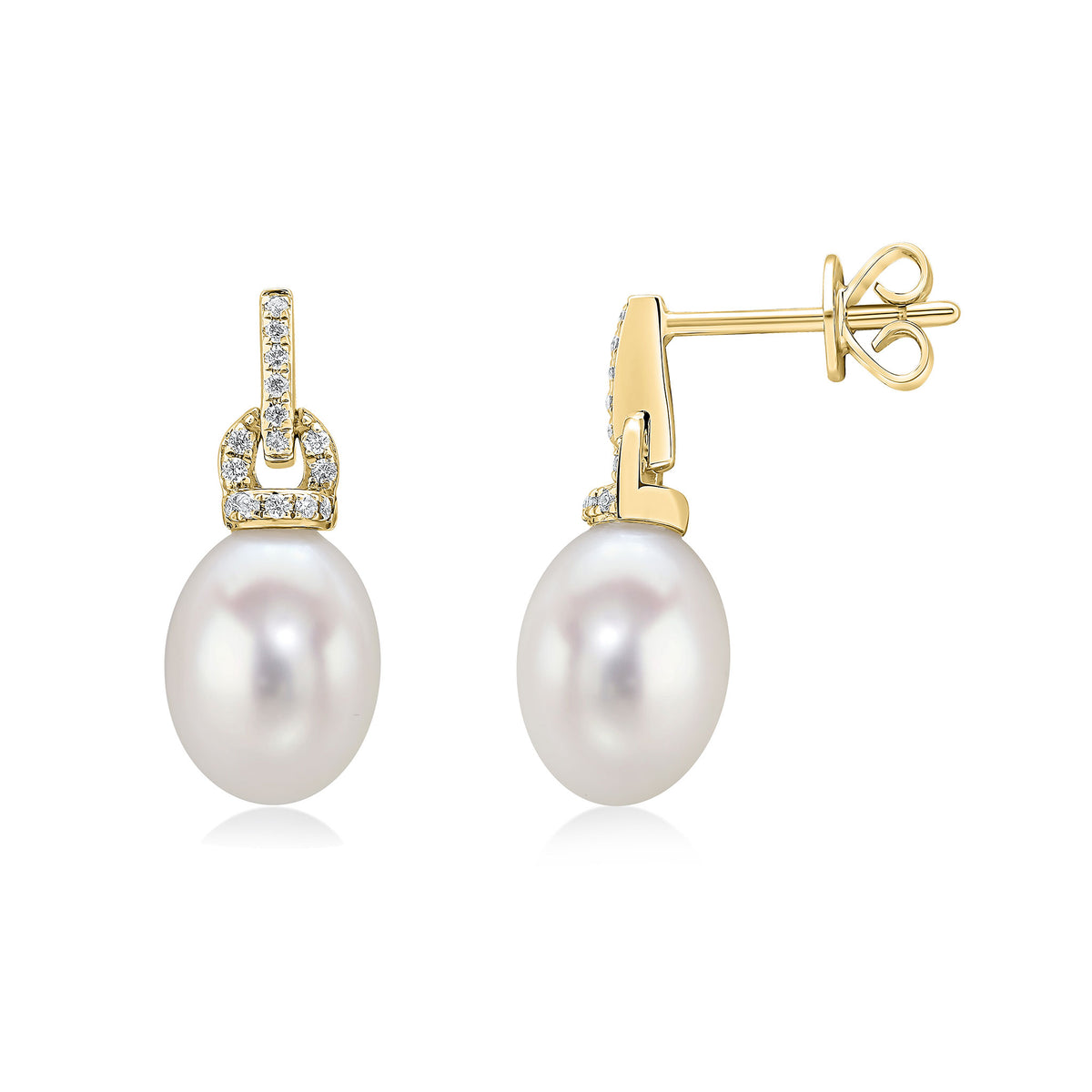 18CT YELLOW GOLD FRESHWATER CULTURED PEARL AND DIAMOND BAR AND LOOP TOP DROP EARRINGS