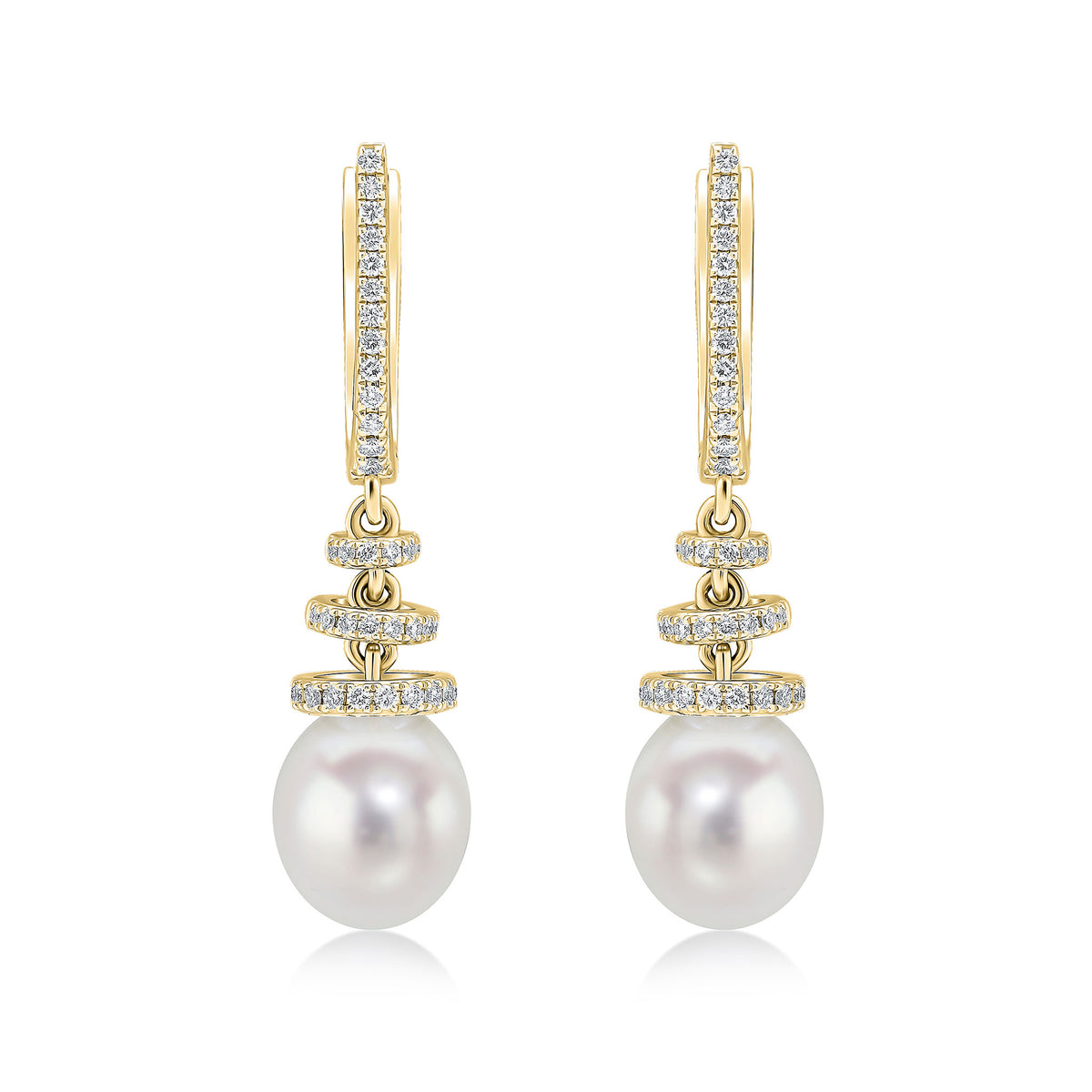 18CT YELLOW GOLD FRESHWATER CULTURED PEARL, DIAMOND HOOP AND SPIRAL TOP EARRINGS