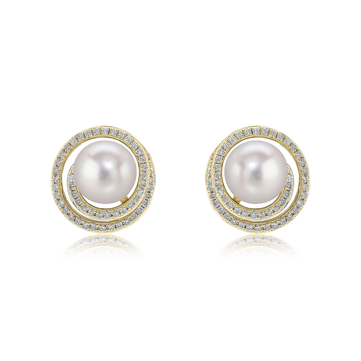 18CT YELLOW GOLD FRESHWATER CULTURED PEARL AND DIAMOND SWIRL CLUSTER EARRINGS