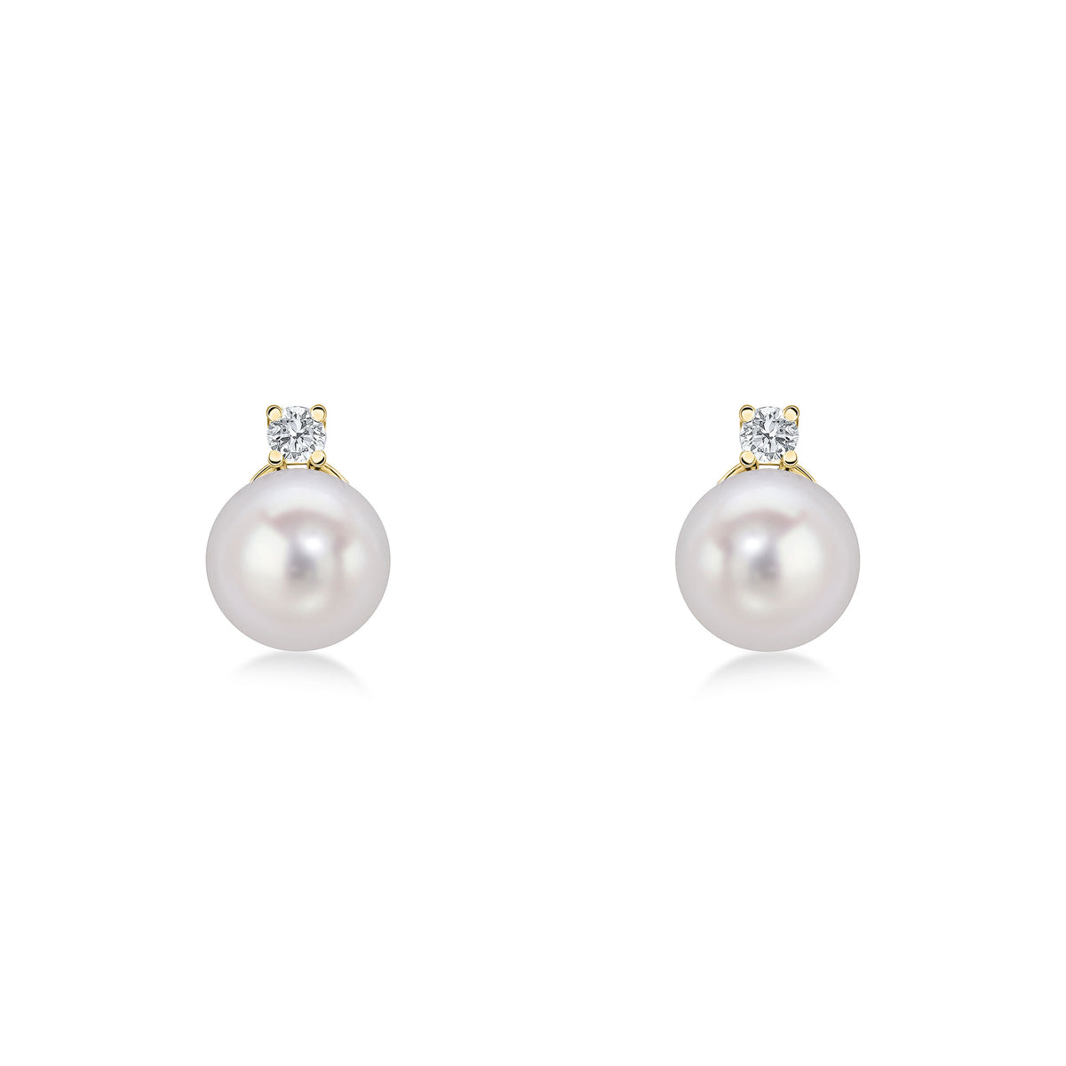 18CT YG 7MM ROUND FRESHWATER PEARL AND CLAW SET ROUND DIAMOND 2ST STUD EARRINGS