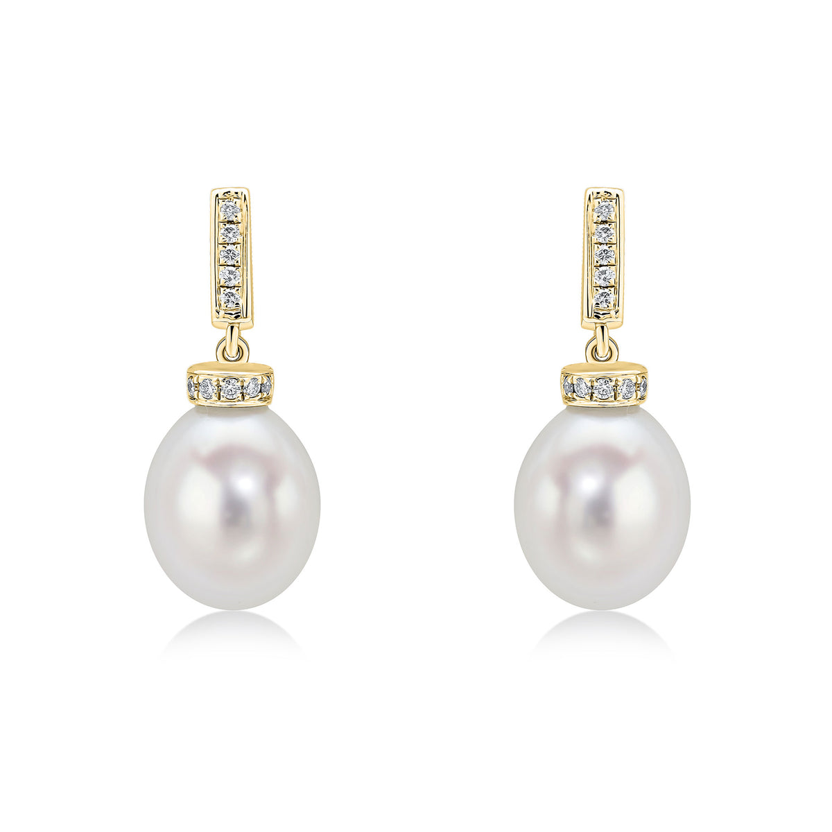 18CT YELLOW GOLD FRESHWATER CULTURED PEARL AND DIAMOND LINE TOP DROP EARRINGS