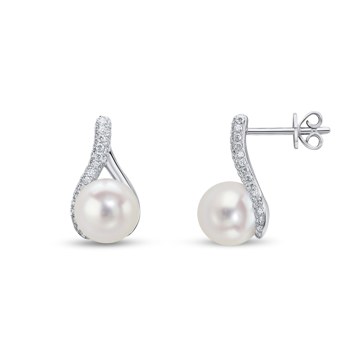 18CT WG CFW PEARL AND DIAMOND SET AND PLAIN 'WISHBONE' DESIGN DROP EARRINGS