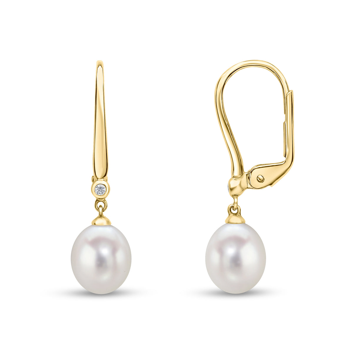 18CT YG CFW PEARL & DIAMOND 2ST DROP EARRINGS ON HOOK/CLIP FITTING