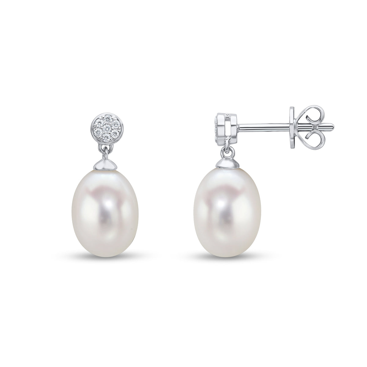 18CT WG CFW PEARL & GRAIN SET DIAMOND DISC TOP DROP EARRINGS