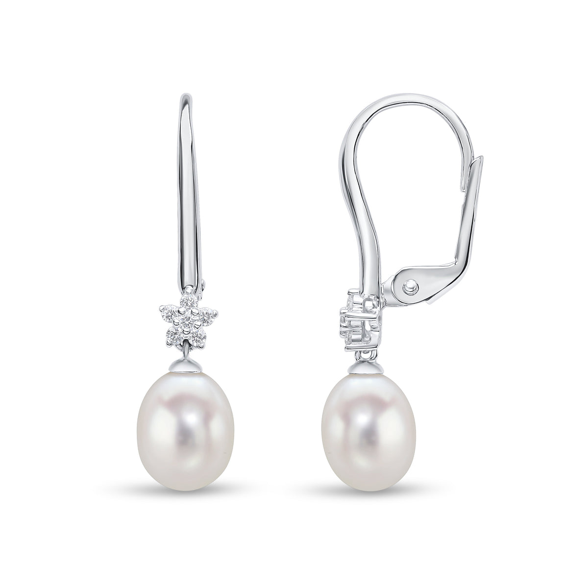 18CT WG CFW PEARL & DIAMOND CLAW SET CLUSTER TOP DROP EARRINGS