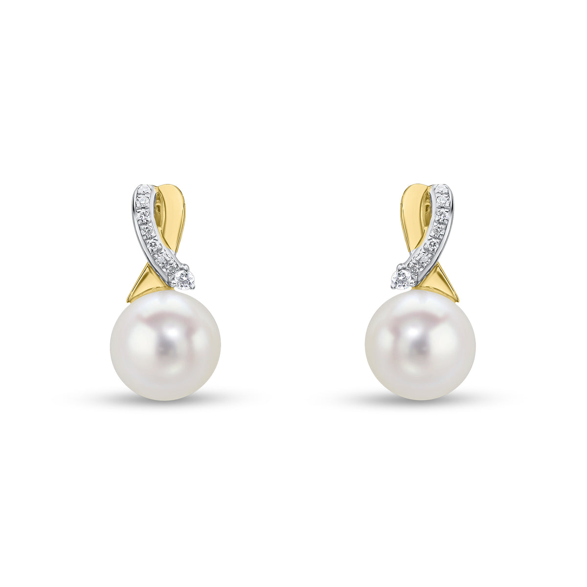 18CT YG CFW PEARL & DIAMOND SET CROSS-OVER LOOP TOP DROP EARRINGS