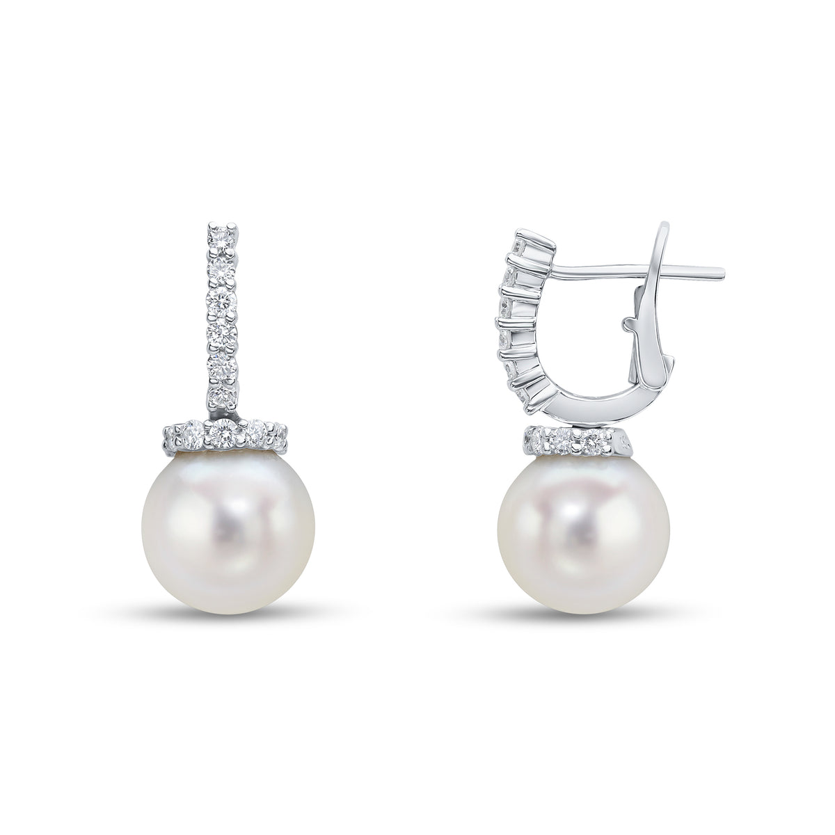 18CT WG CFW PEARL WITH DIAMOND SET CAP AND LINE TOP DROP EARRINGS