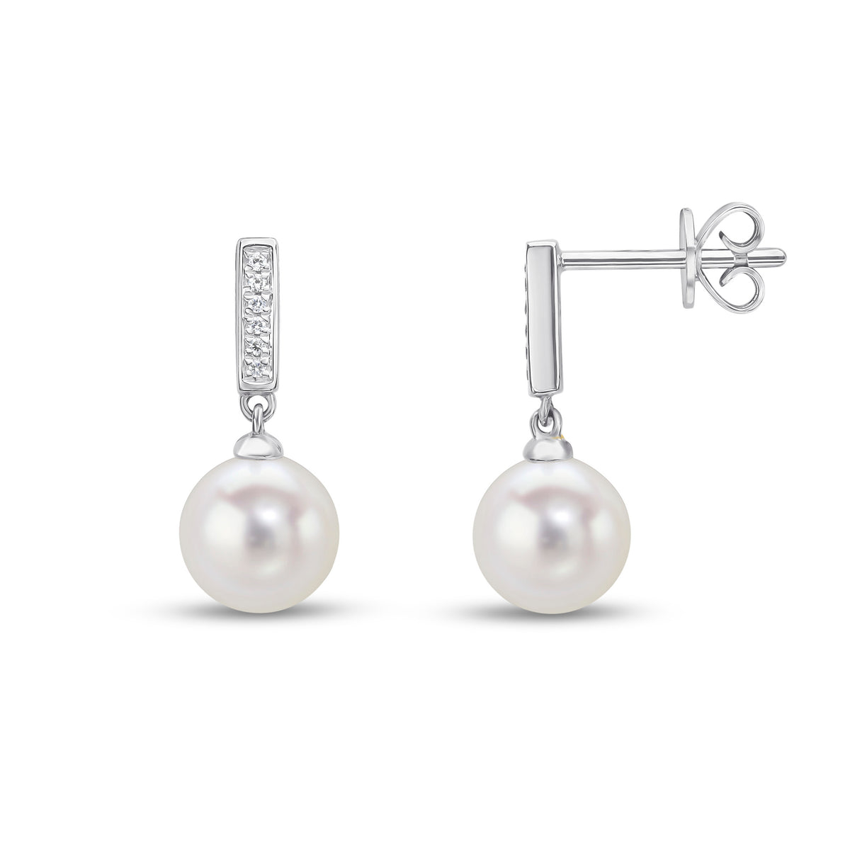 18CT WG ROUND FRESHWATER CULTURED PEARL AND DIAMOND LINE TOP DROP EARRINGS
