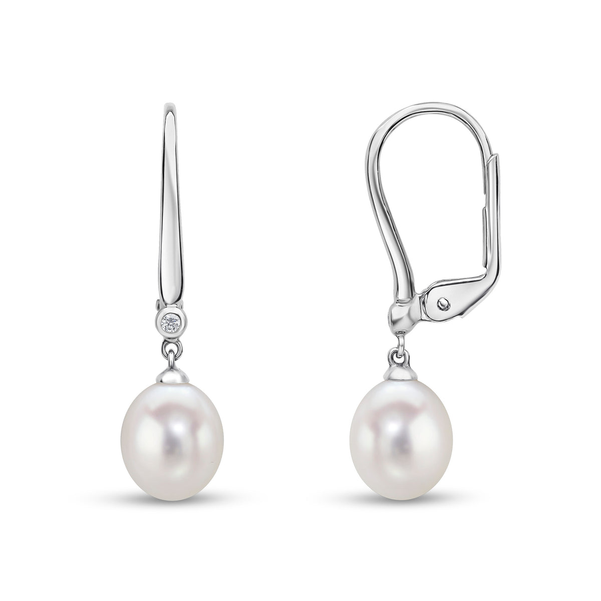 18CT WG CFW PEARL & DIAMOND 2ST DROP EARRINGS ON HOOK/CLIP FITTING