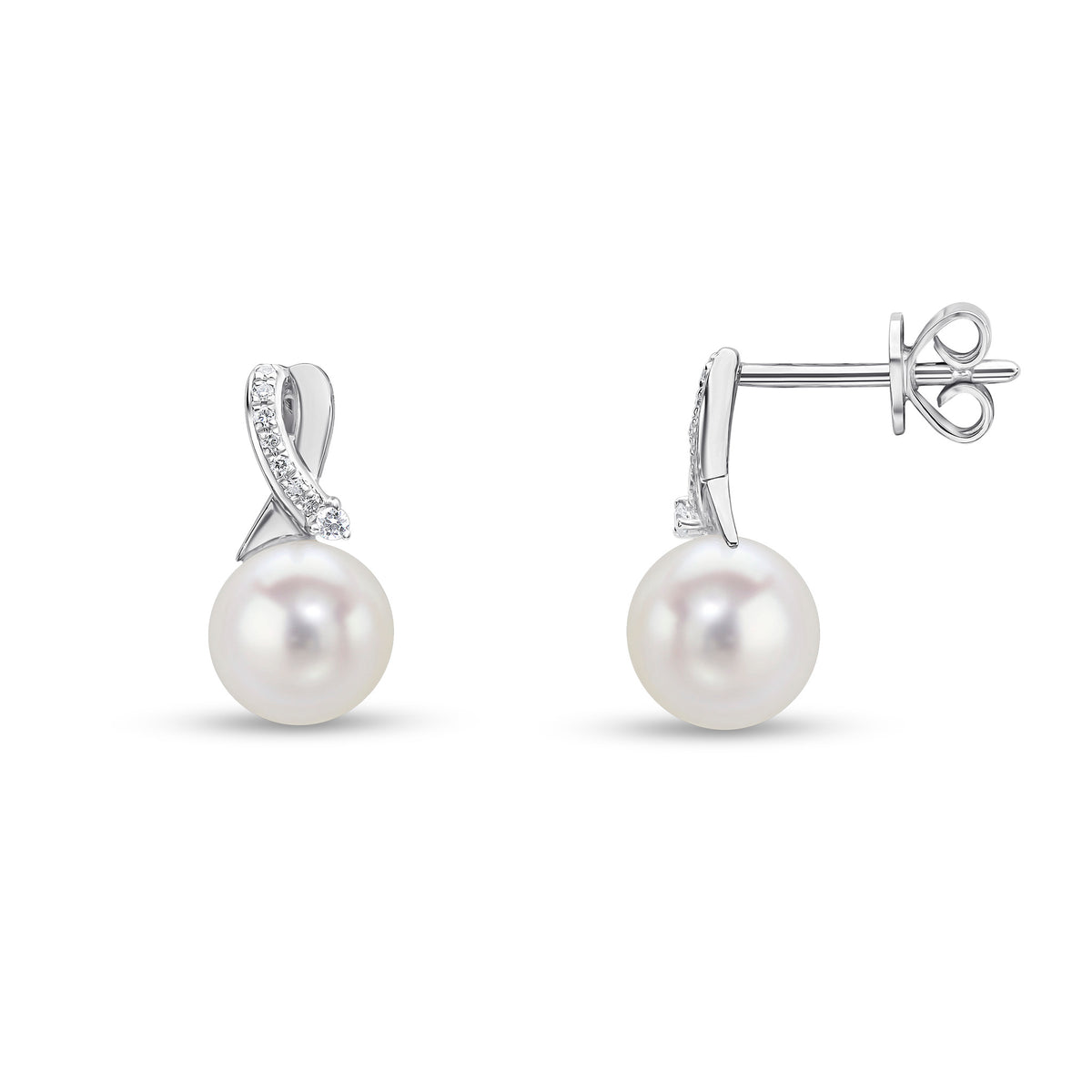 18CT WG CFW PEARL & DIAMOND SET CROSS-OVER LOOP TOP DROP EARRINGS