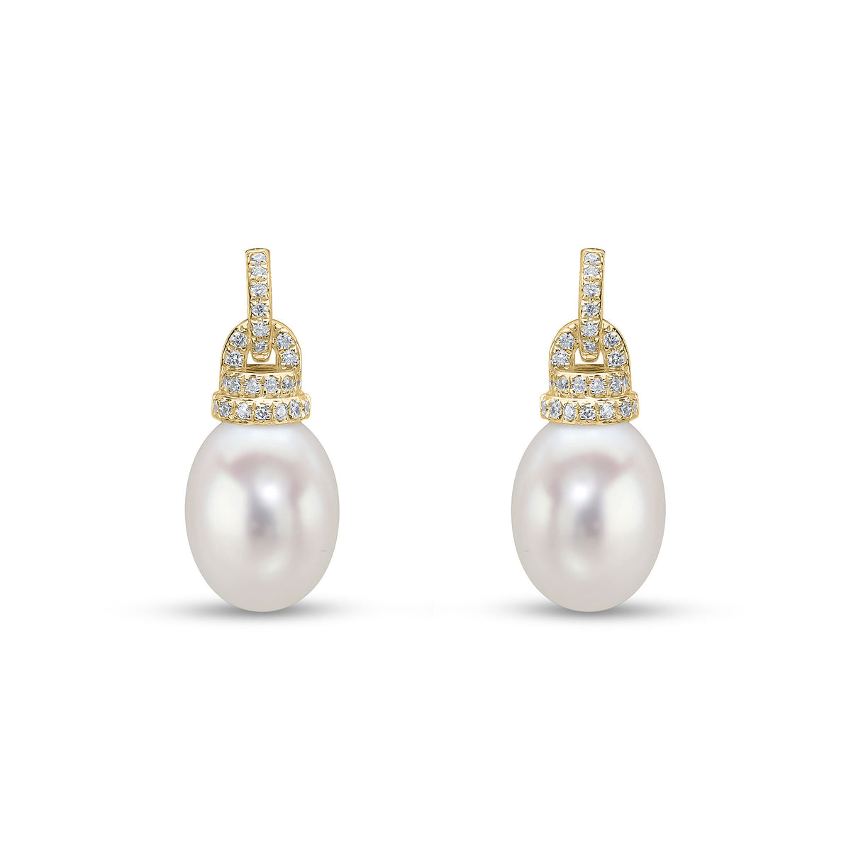 18CT YG CFW PEARL, DIAMOND LINE AND CAP DROP EARRINGS