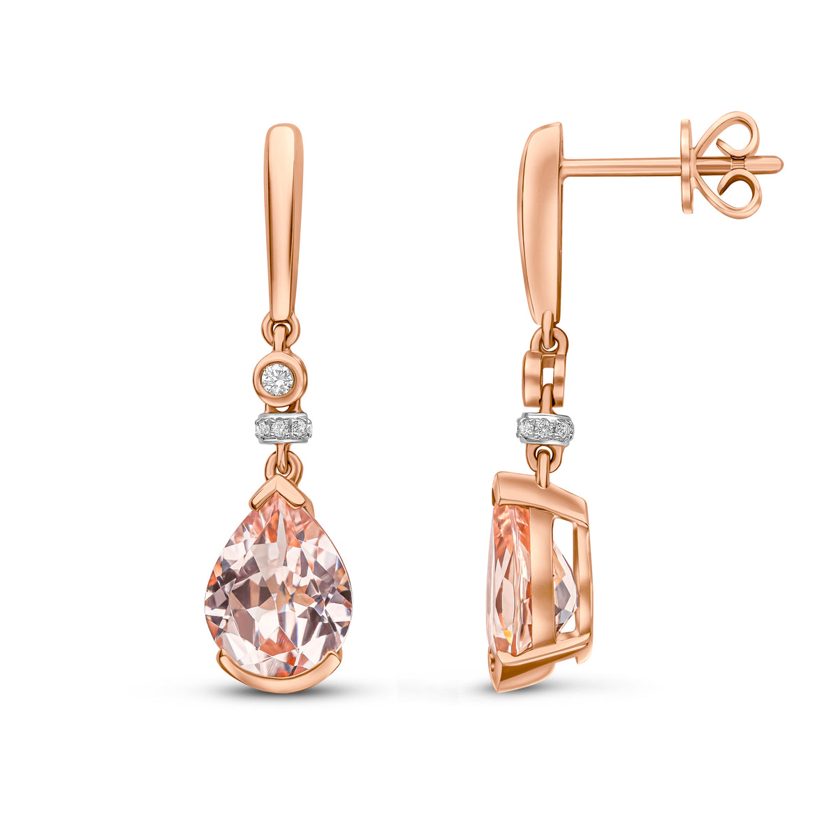 18CT RG PEARSHAPE MORGANITE, DIAMOND AND POLISHED BAR DROP EARRINGS