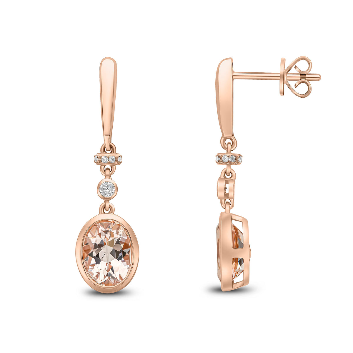 18CT RG RUBOVER OVAL MORGANITE, DIAMOND AND BAR DROP EARRINGS