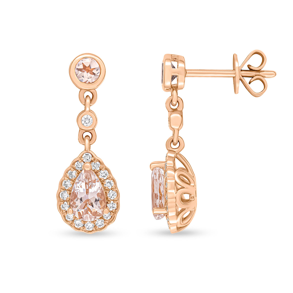 18CT RG PEARSHAPE MORGANITE AND ROUND DIAMOND CLUSTER DROP EARRINGS WITH RUBOVER ROUND MORGANITE TOP