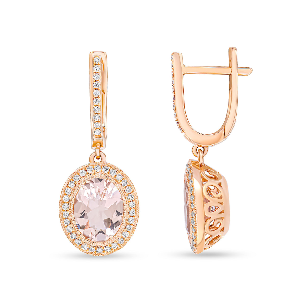18CT RG OVAL MORGANITE & DIAMOND CLUSTER DROP EARRINGS WITH DIAMOND OVAL HOOP TOP