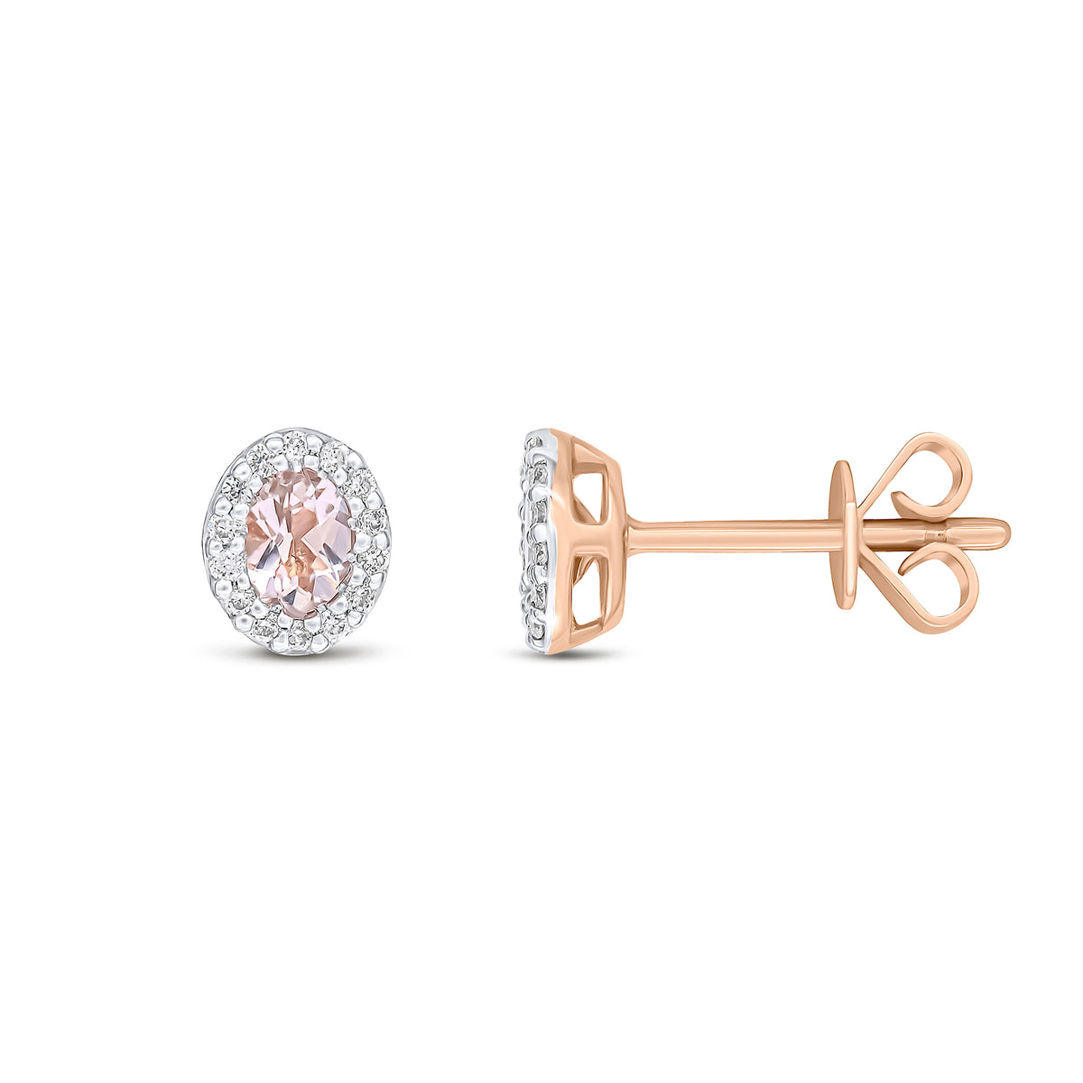 18CT RG 4X3 OVAL MORGANITE & DIAMOND MICROSET CLUSTER EARRINGS