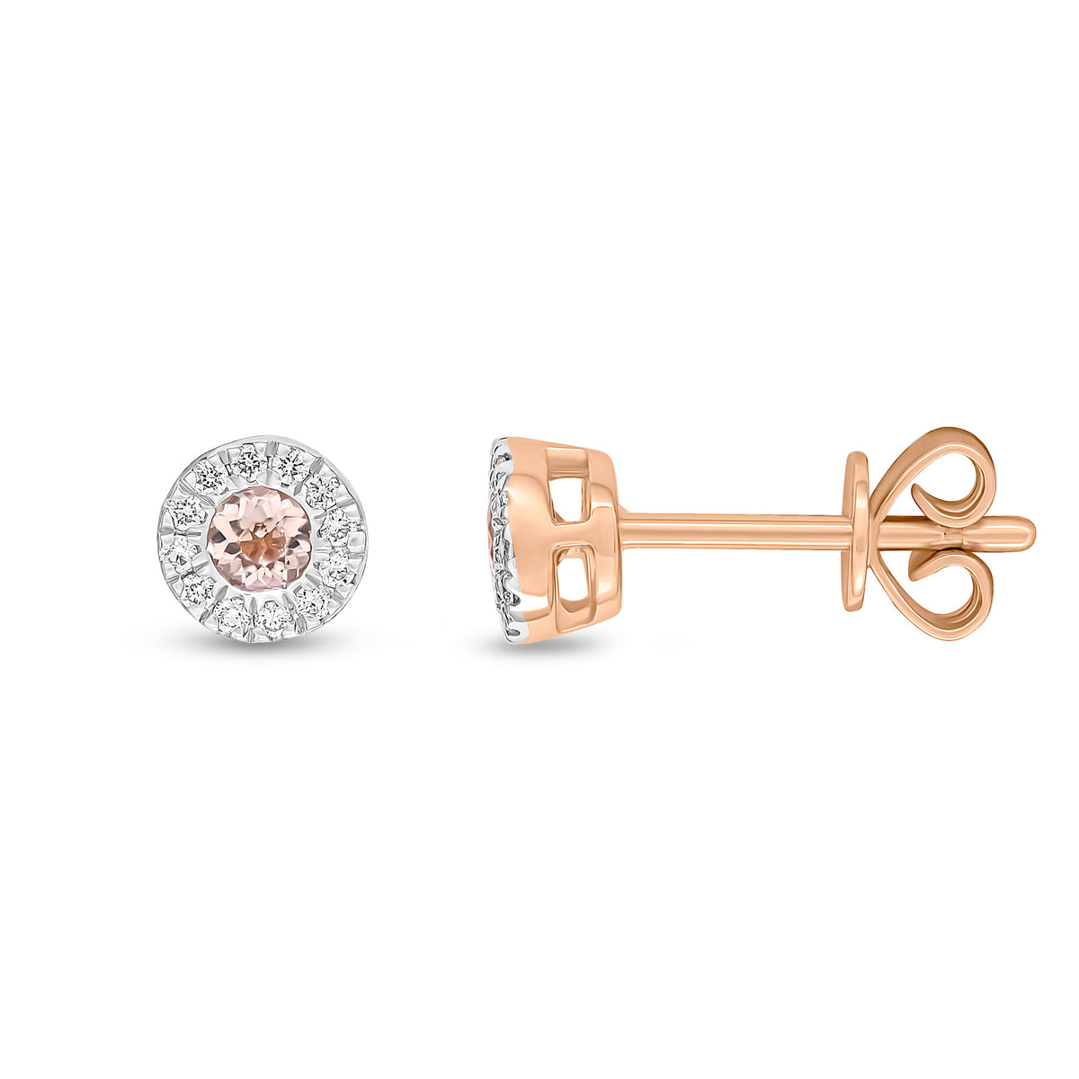 18CT RG 3MM ROUND MORGANITE & DIAMOND MICROSET CLUSTER EARRINGS