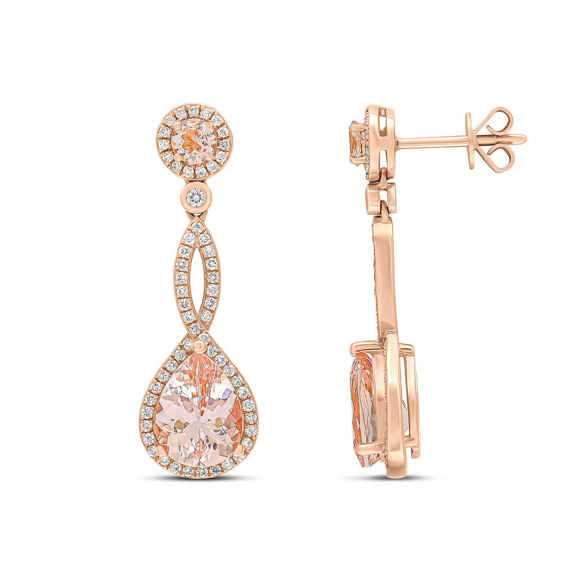 18CT RG PEARSHAPE AND ROUND MORGANITE & DIAMOND DOUBLE CLUSTER DROP EARRINGS