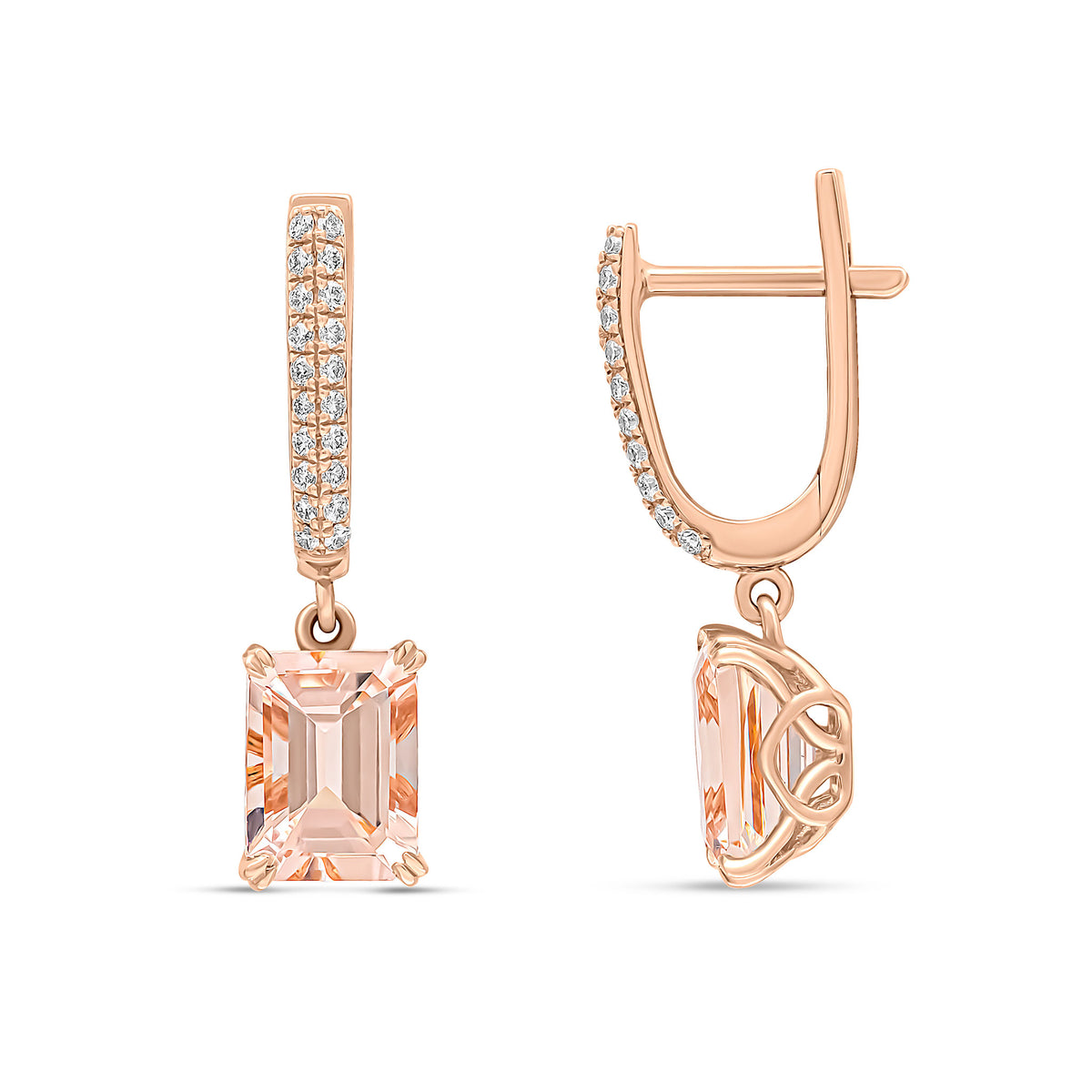 18CT ROSE GOLD PAVE DIAMOND OVAL HOOP WITH CLAW SET OCTAGON MORGANITE DROP EARRINGS