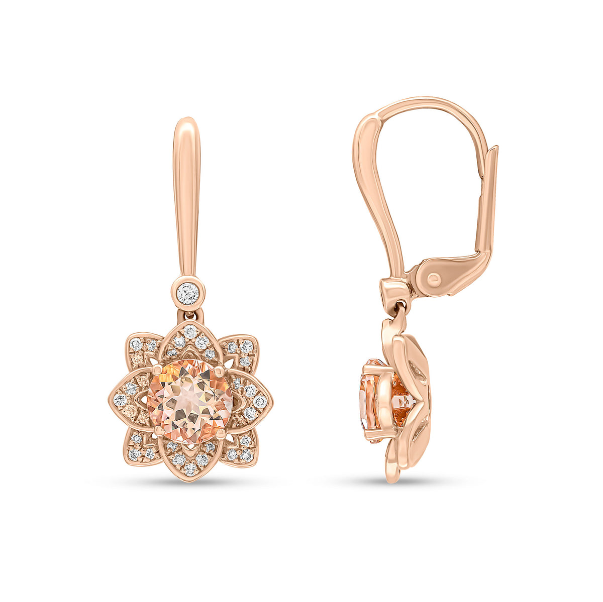 18RG MORGANITE & DIAMOND FLOWER DROP EARRINGS
