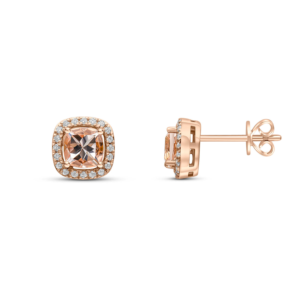 18CT RG 5MM CUSHION MORGANITE & DIAMOND CLAW SET CLUSTER EARRINGS