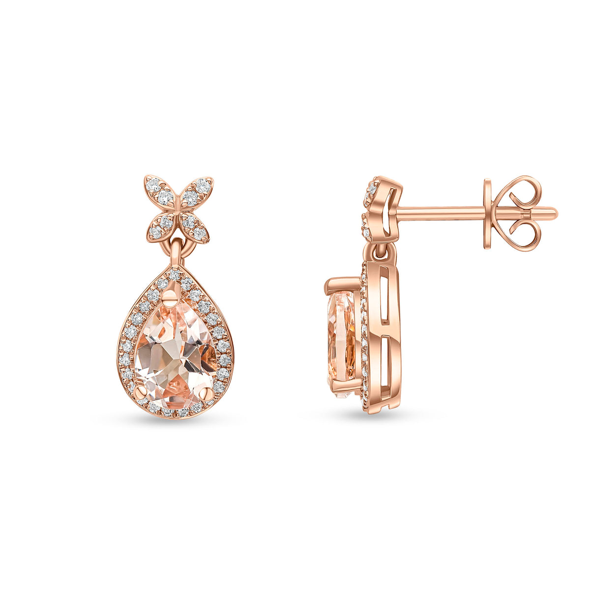 18CT RG PEARSHAPE MORGANITE & DIAMOND CLUSTER DROP EARRINGS WITH DIAMOND CROSS TOP