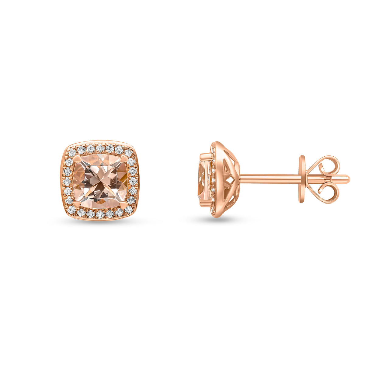 18CT RG 5MM CUSHION MORGANITE & DIAMOND CLAW SET CLUSTER EARRINGS