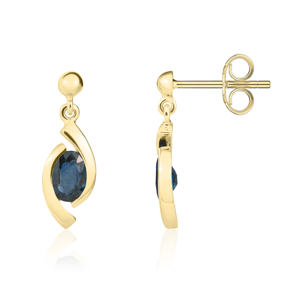 18CT YG 6X4 OVAL SAPPHIRE 'EYE' DROP EARRINGS WITH 3MM BEAD TOP