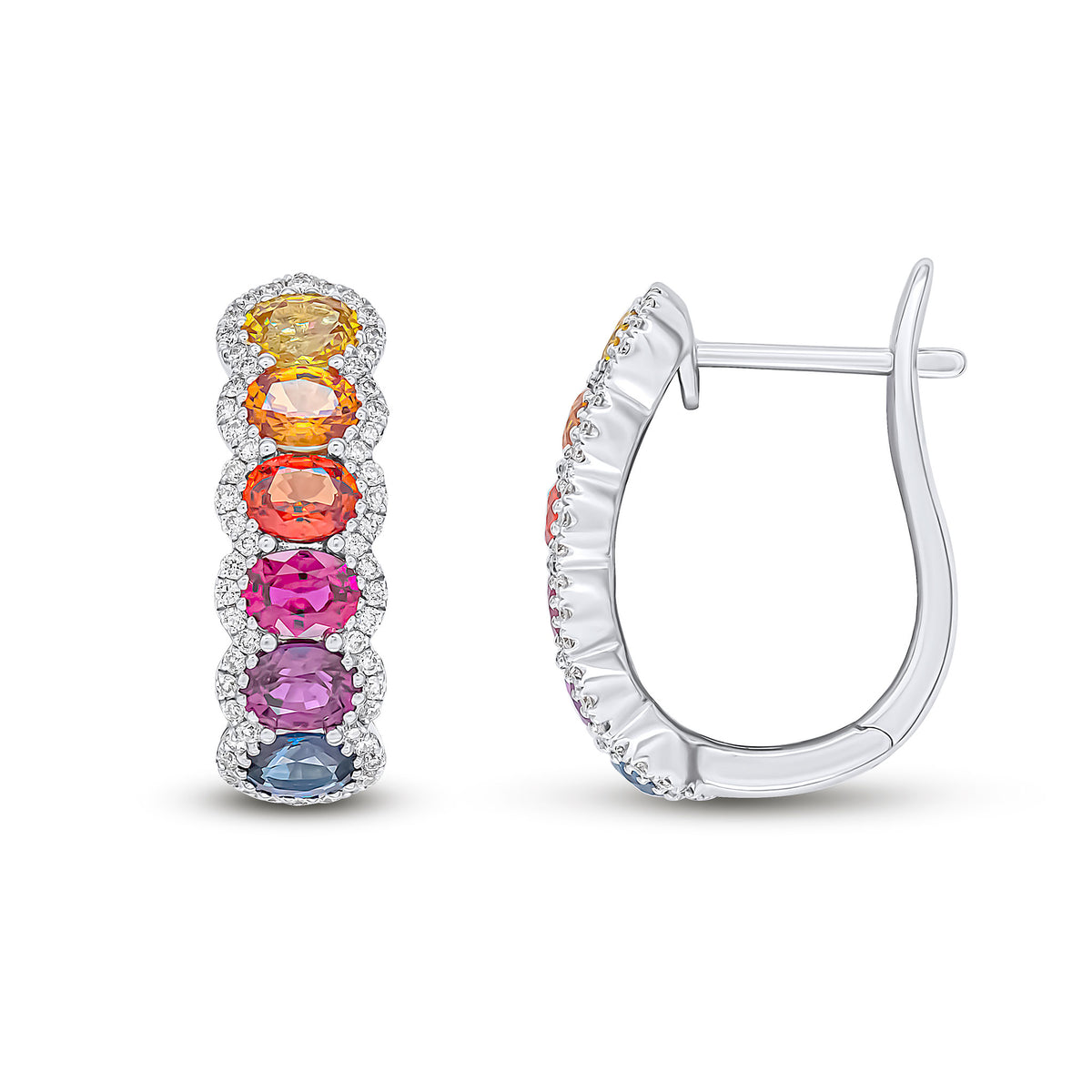 18CT WG OVAL MULTI-SAPPHIRE AND ROUND DIAMOND CLUSTERS HINGED HOOP EARRINGS