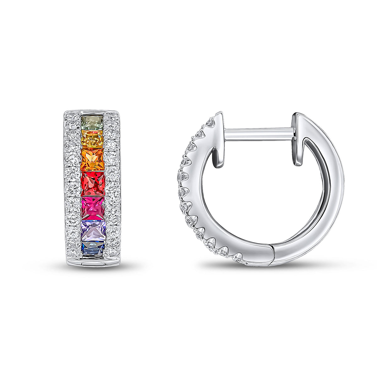 18CT WG SQUARE MULTI-SAPPHIRE & ROUND DIAMOND 3 ROW HUGGY EARRINGS * NEW CODE FOR 03-85-016 *