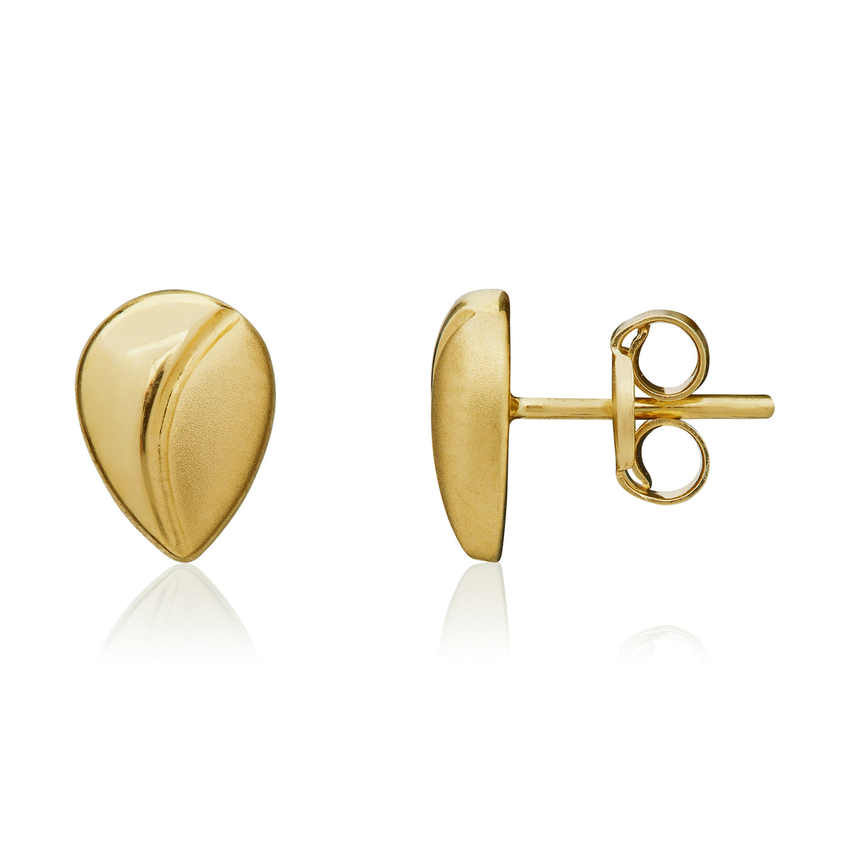 9CT YELLOW GOLD POLISHED AND SATIN FINISH PEARSHAPE STUD EARRINGS