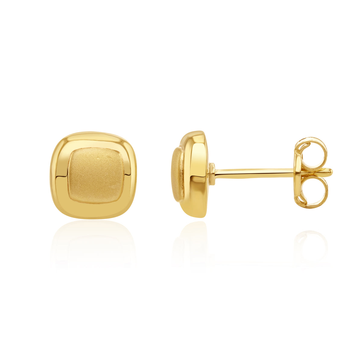 9CT YG SATIN FINISH CENTRE, POLISHED BORDER CUSHION-SHAPE STUD EARRINGS