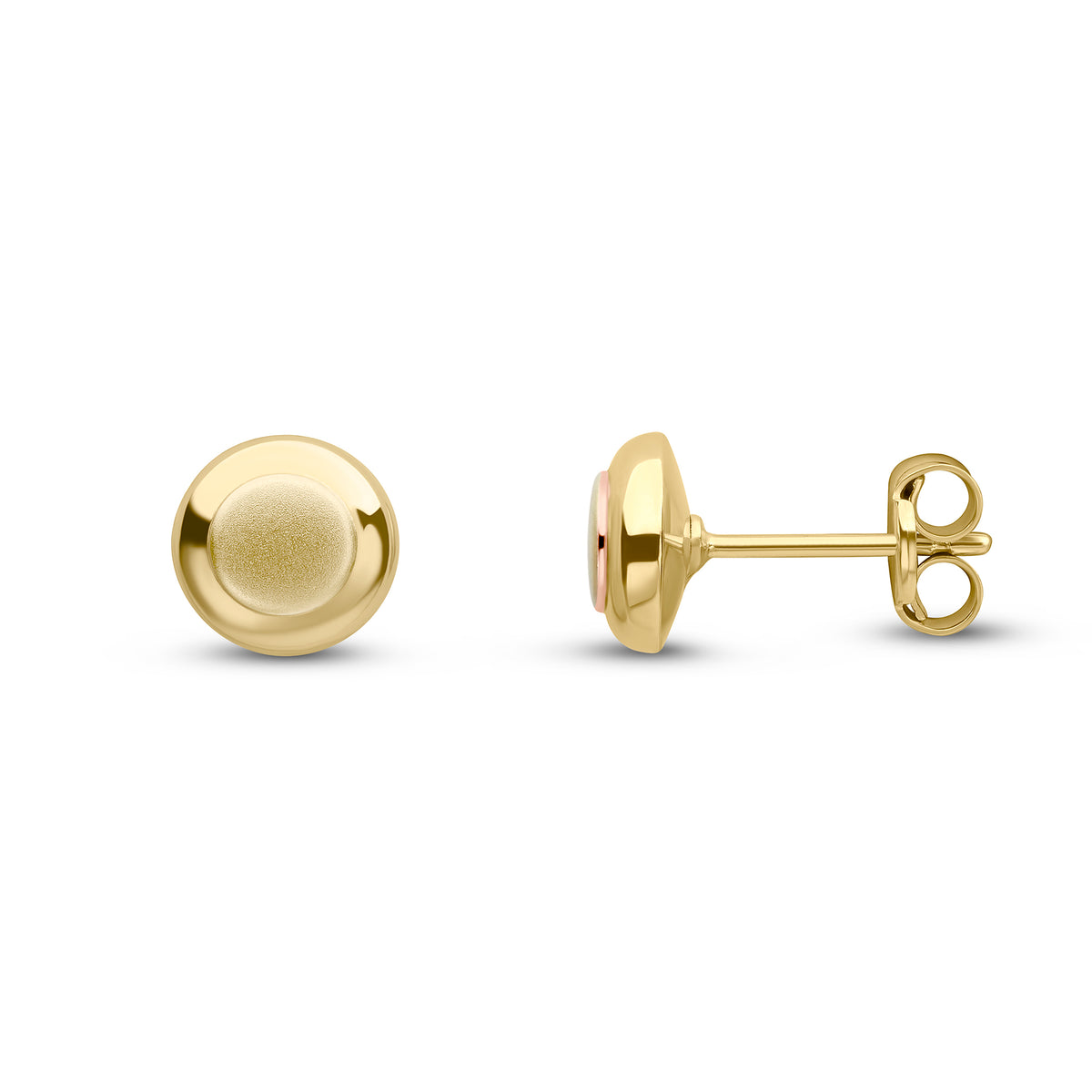 9CT YELLOW GOLD ROUND POLISHED FINISH STUD EARRINGS WITH SATIN FINISH CENTRE