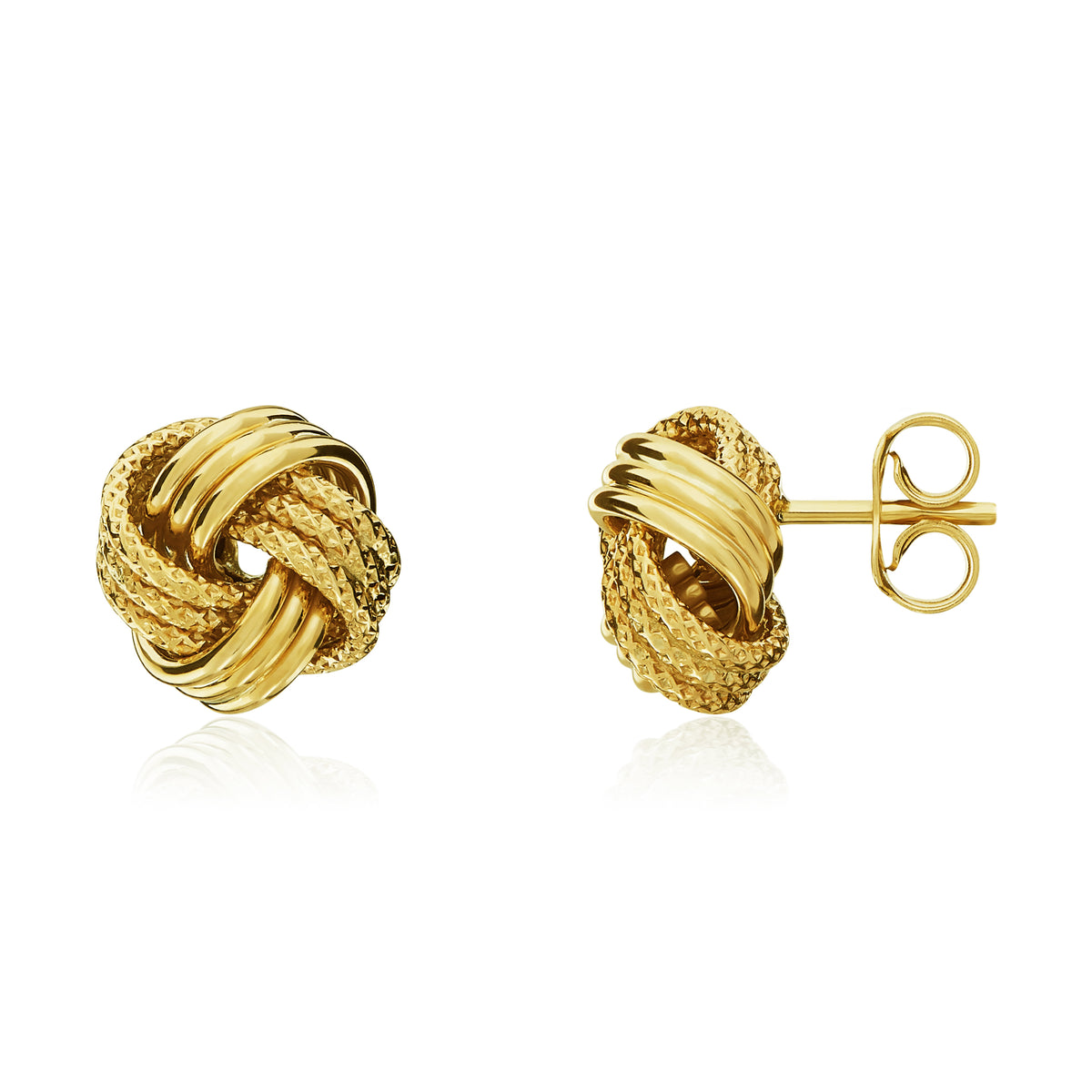 9CT YG TEXTURED & POLISHED 3 ROW 4 SECTION 9MM KNOT EARRINGS