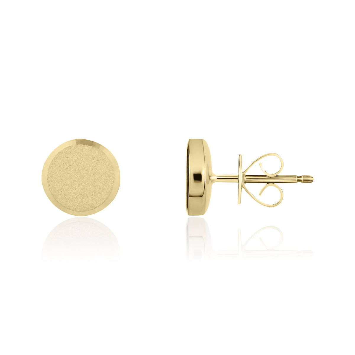 9CT YELLOW GOLD FLAT SATIN DISC STUD EARRINGS WITH POLISHED BEVELLED EDGE. 10.5MM