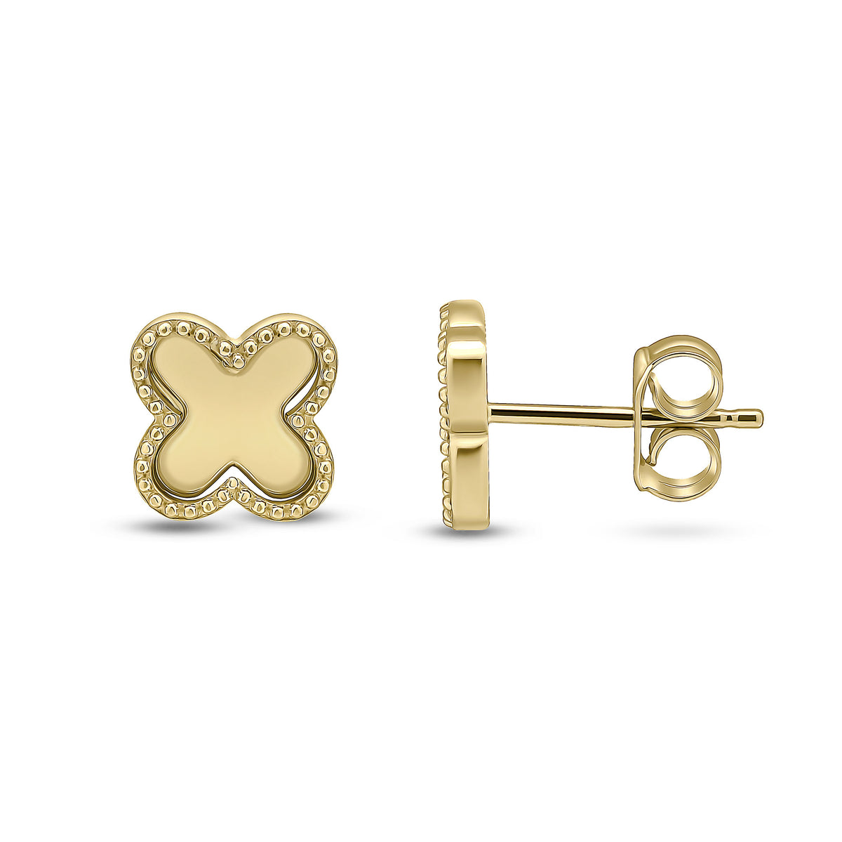 9CT YG PLAIN QUATREFOIL STUD EARRINGS WITH BEADED EDGE. LARGE