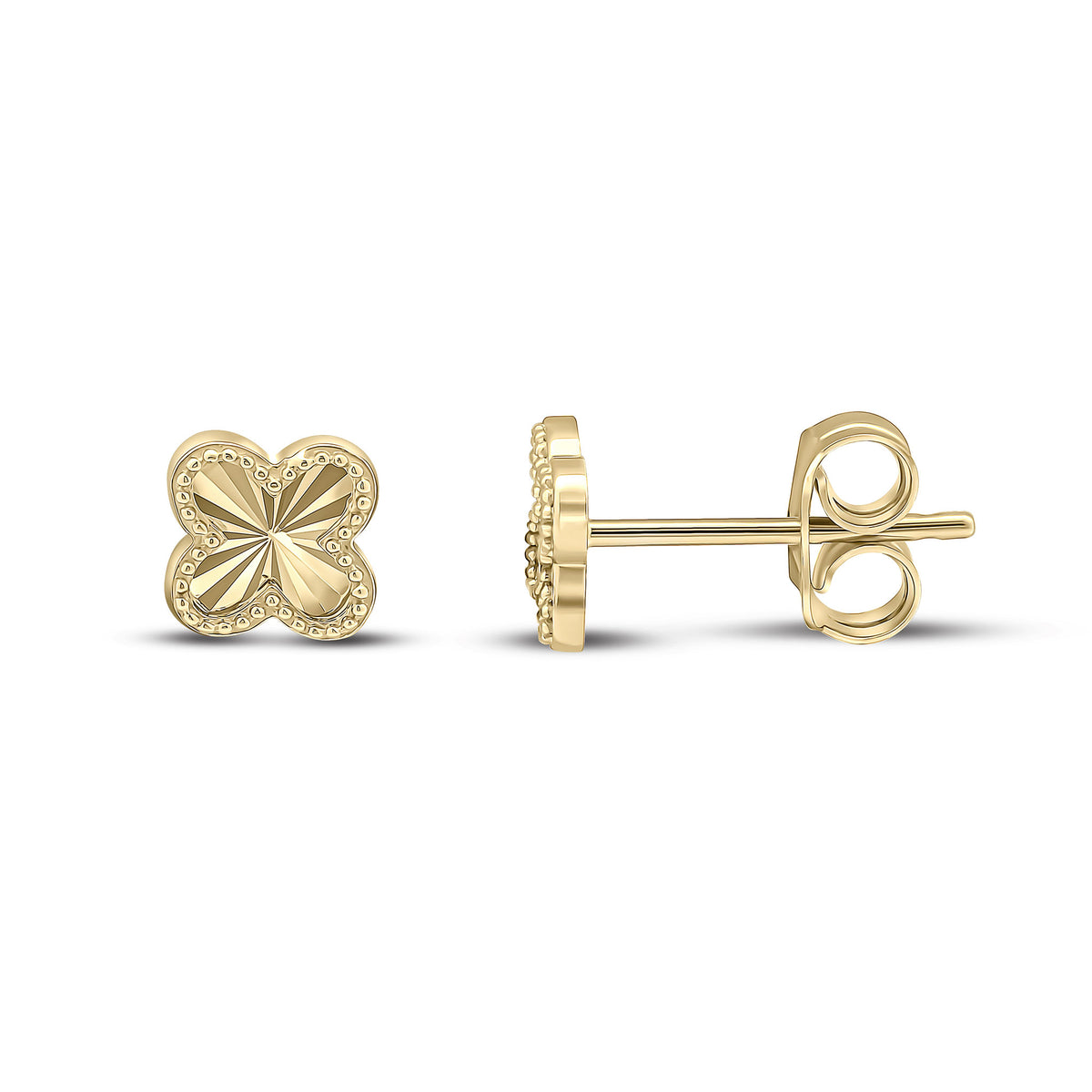 9CT YG DIAMOND CUT QUATREFOIL STUD EARRINGS WITH BEADED EDGE. SMALL