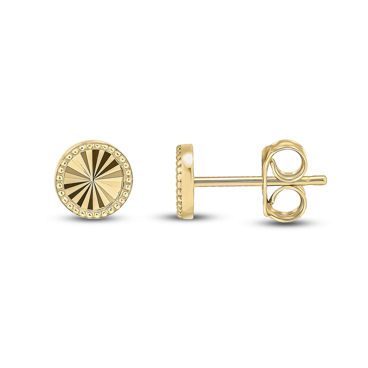 9CT YG DIAMOND CUT CIRCLE STUD EARRINGS WITH BEADED EDGE. SMALL