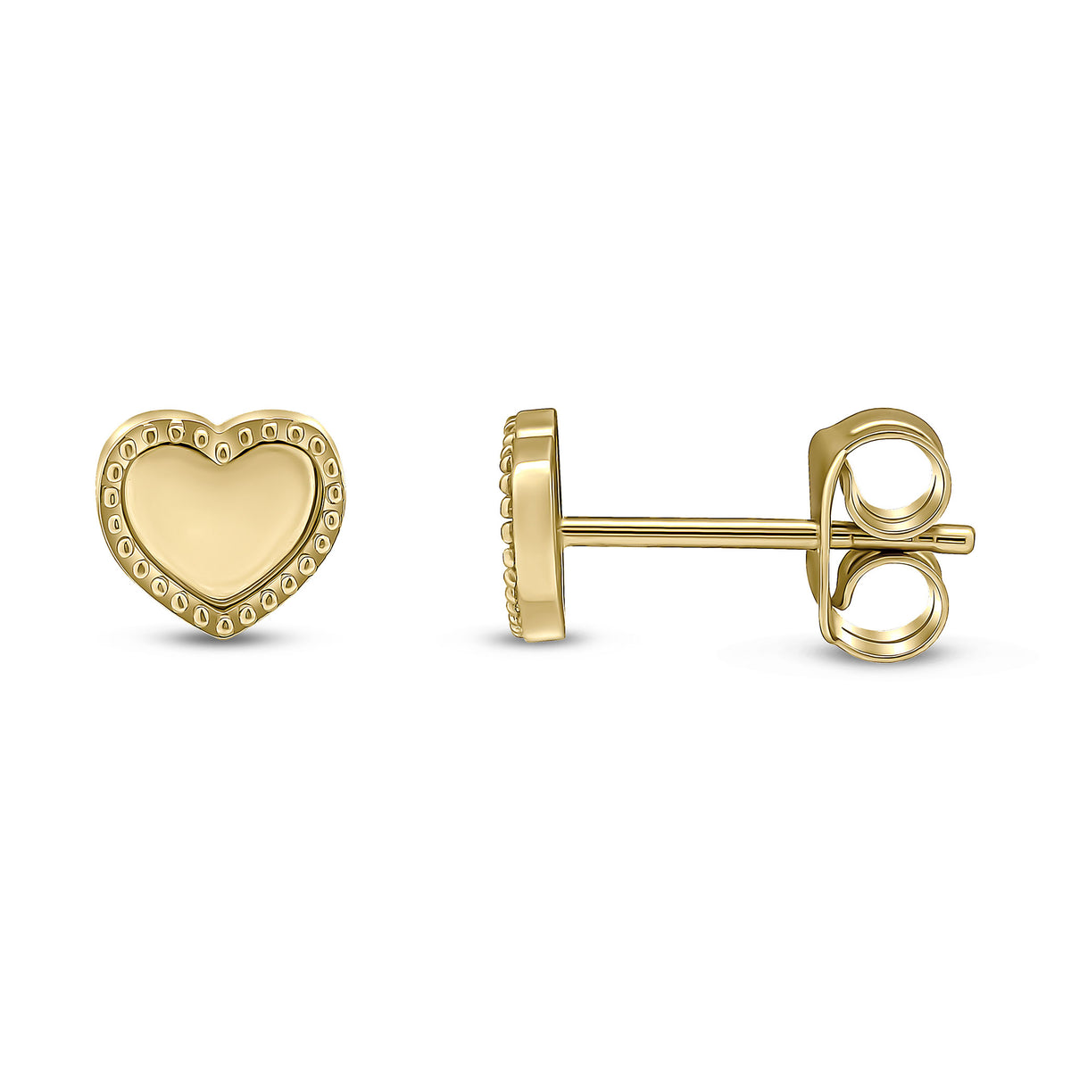 9CT YG POLISHED HEART STUD EARRINGS WITH BEADED EDGE. SMALL
