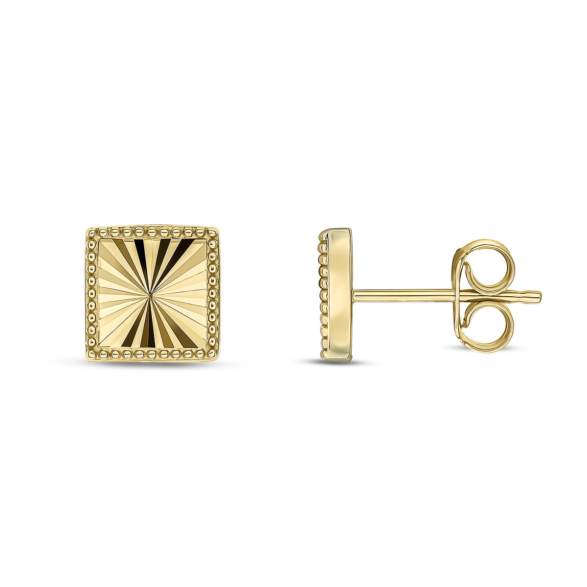 9CT YG DIAMOND CUT SQUARE STUD EARRINGS WITH BEADED EDGE. LARGE